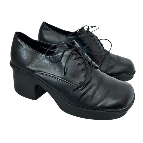 PREDICTIONS 90s Y2K Chunky Platform Heel Oxfords Size 8 Black Vegan Leather - Picture 1 of 11